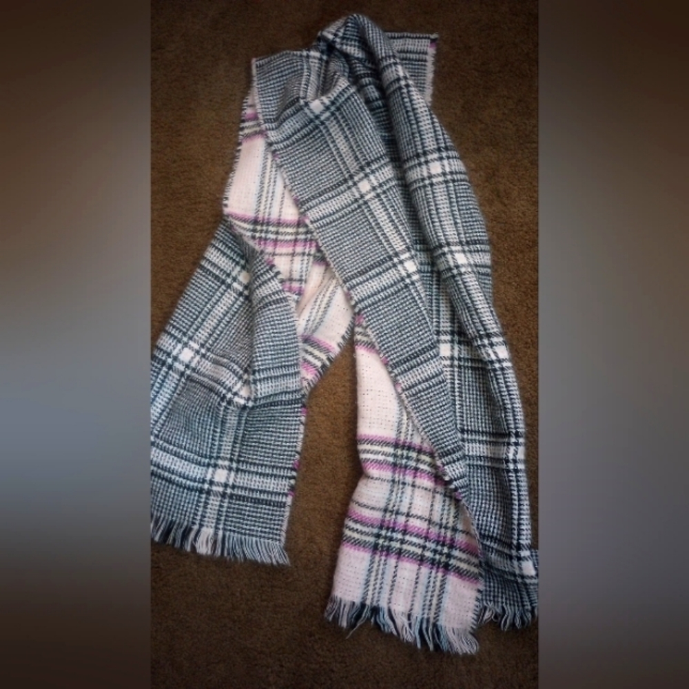 Plaid Light Pink Scarf with Black, Fuchsia and Baby Blue Stripes by Steve Madden